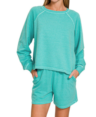 Zenana French Terry Pigment Dye Pullover & Short Set Turquoise