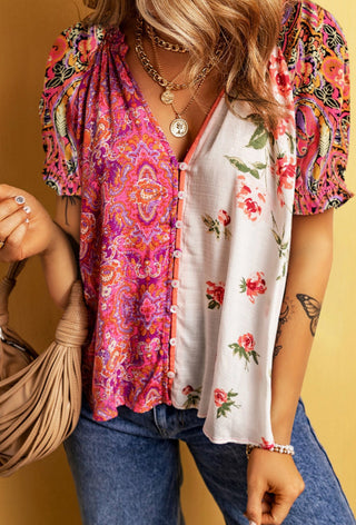 Lovesoft Boho Floral Patchwork Buttoned Short Sleeve Top Multicolor