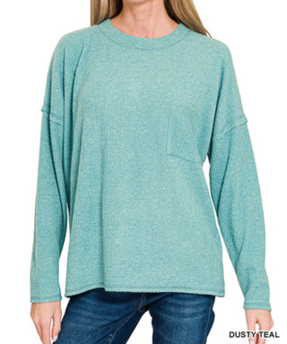 Zenana Ribbed Brushed Melange Hacci Sweater with Pocket Dusty Teal
