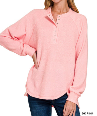 Zenana Brushed Hacci Oversized 7-Button Henley Sweater Dark Pink
