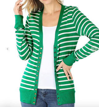 Zenana Striped Snap Button Cardigan Kelly Green/Ivory Small