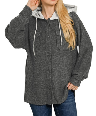 Zenana Brushed Ribbed Button Down Shacket Black