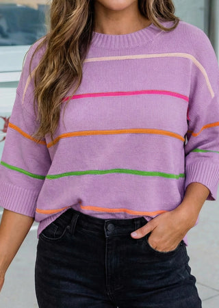 66 Disco Colorblock Striped Half Sleeve Sweater Orchid Petal