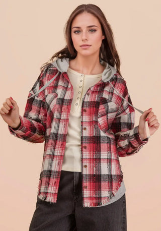 Very J Oversized Flannel Hooded Button Down Jacket Red