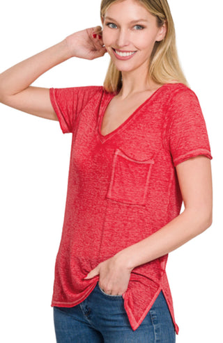 Zenana Washed Melange Burnout Scoop V-neck Top Ruby