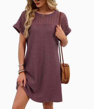 Lovesoft Lace Patchwork Casual Short Sleeve Dress Brick Red
