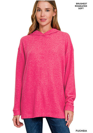 Zenana Hooded Brushed Melange Hacci Sweater Fuchsia