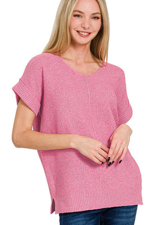 Zenana Center Seam Short Sleeve Sweater Mauve