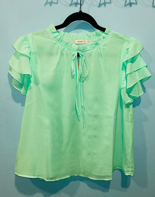 Kori America Soft Chiffon Ruffle Sleeves Top Lime