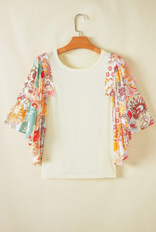 Lovesoft Floral Patchwork Half Sleeve Top Beige
