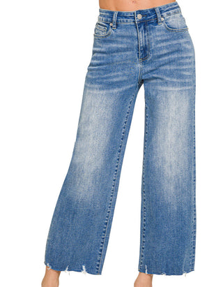 Zenana Medium Wash Wide Leg Raw Hem Cropped Denim 9526
