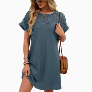Lovesoft Lace Patchwork Casual Short Sleeve Dress Blue Gray