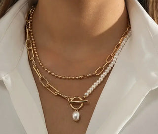 Josslyn Pearl Mix Double Layer Toggle Necklace Gold