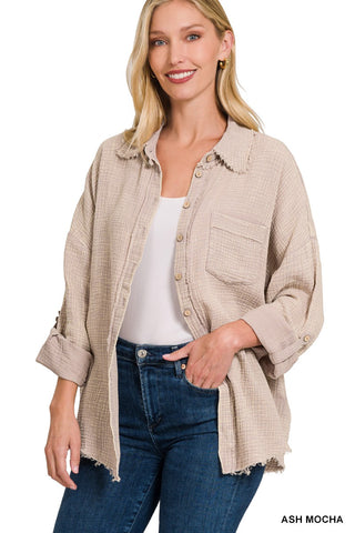 Zenana Washed Double Gauze Button Down Shirt Ash Mocha