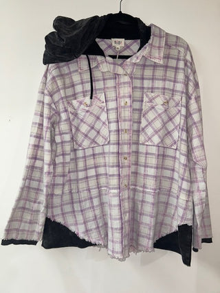 Bibi Light Weight Plaid Button Up with Hood Lavender