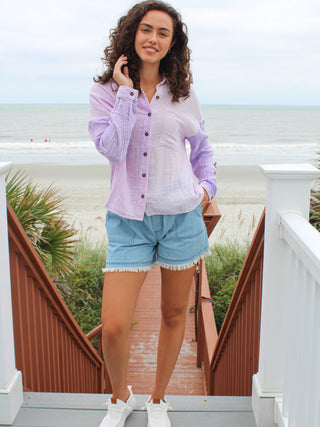 Simply Southern Gauze Button Down Color Block Lilac