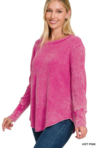 Zenana Washed Baby Waffle Long Sleeve Top Hot Pink