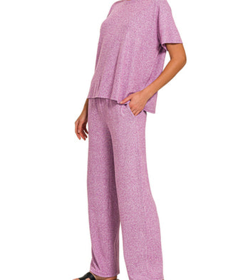 Zenana Soft Melange Short Sleeve/Pant Set Lt Plum
