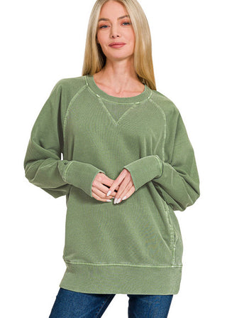 Zenana Pigment Dyed French Terry Pullover with Pockets Light Olive