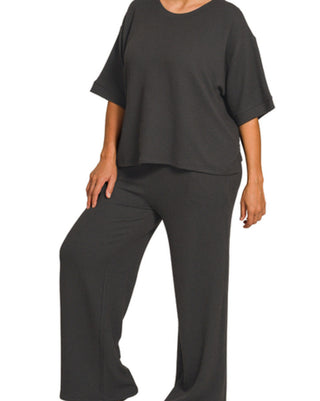 Zenana Ribbed Short Sleeve Tee & Pant Set Black