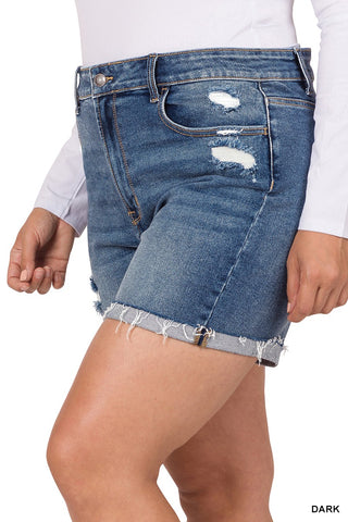 Zenana Distressed Cuffed Raw Hem Shorts