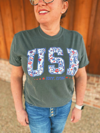Sweet Southern Floral USA Graphic Tee Charcoal