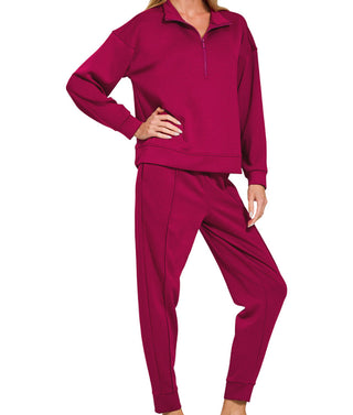 Zenana Scuba Half Zip Pullover & Jogger Set Cabernet