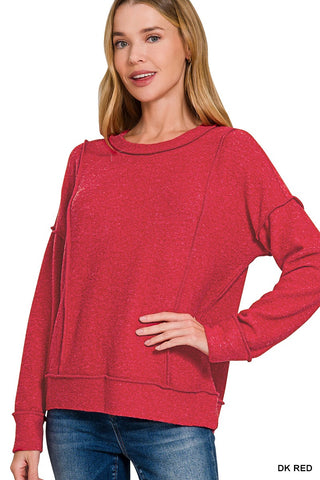 Zenana Brushed Hacci Drop Shoulder Sweater Dark Red
