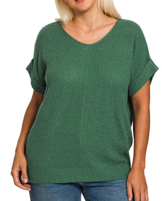 Zenana Center Seam Short Sleeve Sweater Dark Green