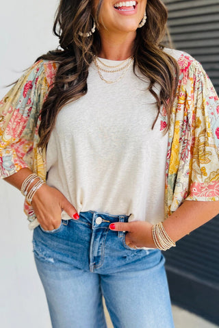 Lovesoft Floral Patchwork Half Sleeve Top Beige