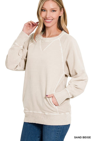 Zenana Pigment Dyed French Terry Pullover with Pockets Sand Beige