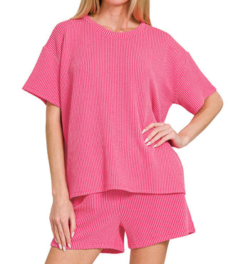 Zenana Ribbed Short Sleeve Tee & Shorts Set Fuchsia 8544