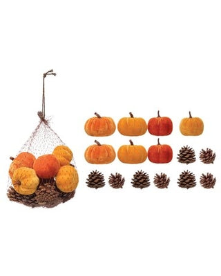 Velvet Pumpkin & Pinecone in Net