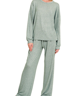 Zenana Soft Melange Hacci Long Sleeve Tee & Pants Ash Jade