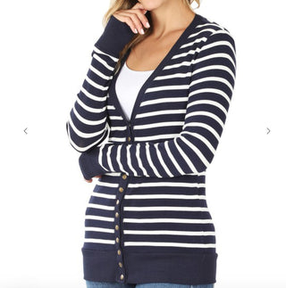 Zenana Striped Snap Button Cardigan Navy/Ivory