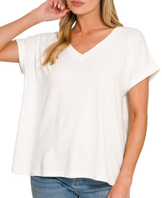 Zenana Soft Melange Hacci V-Neck Tee White