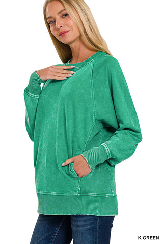 Zenana Acid Wash French Terry Pullover with Pockets Kelly Green