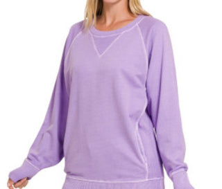 Zenana Pigment Dyed French Terry Pullover with Pockets Lavender