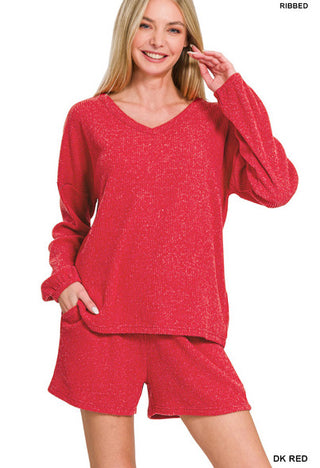 Zenana Ribbed Hacci V-Neck Long Sleeve Tee & Shorts Set Dark Red