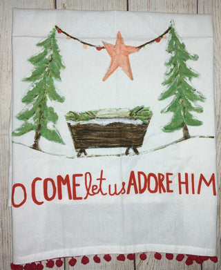Creative Co-op Tea Towel w/Pom O Come Let Us Adore Him