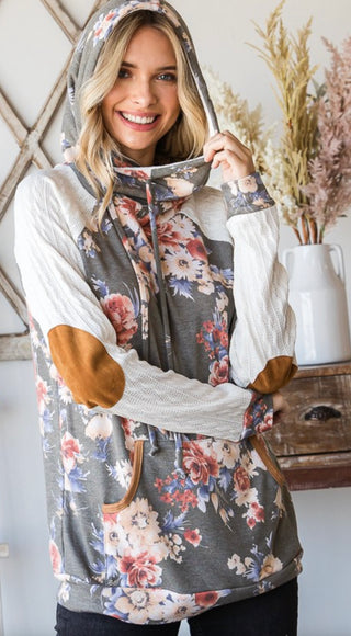 7th Ray Floral Terry Suede Elbow Patch Cable Knit Long Sleeve Small