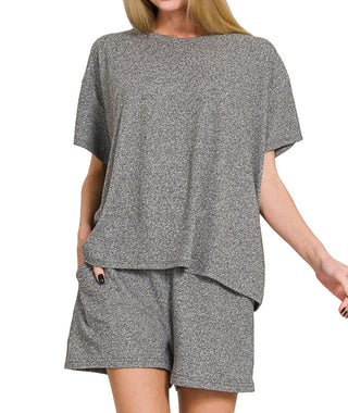Zenana Soft Melange Short Sleeve Tee & Shorts Set Black Heather
