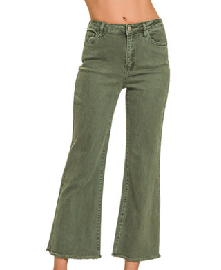 Zenana Acid Washed HW Frayed Hem Bootcut Dark Olive 1847A