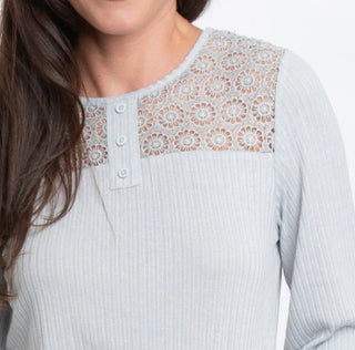Elsie & Zoey Selena Ribbed Henley Top Light Gray