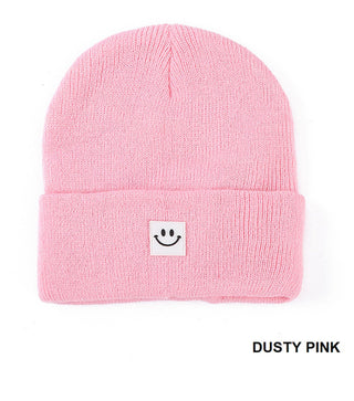 Zenana Smiley Face Patch Beanie Dusty Pink