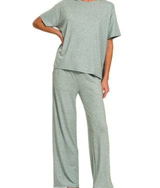 Zenana Soft Melange Short Sleeve/Pant Set Ash Jade