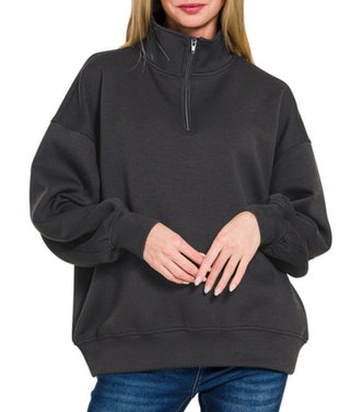 Zenana Scuba Half Zip Pullover with Pockets Black