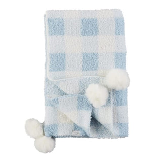 Mudpie Chenille Gingham Blanket w/Poms Blue