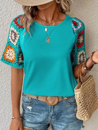 Lovesoft Half Sleeve Floral Crochet Top Turquoise