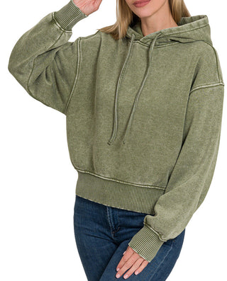 Zenana Acid Wash Fleece Cropped Hoodie Lt Olive